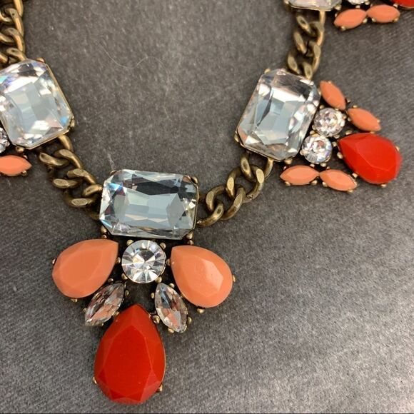 J.crew coral red pink peach clear gem jewelled gold-tone chain link necklace - Picture 6 of 10